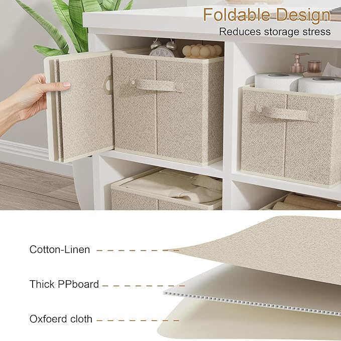 Open Storage Baskets, Collapsible Cube Bins, Fabric Container Organizer with Metal Handles, Boxes for Shelves, Closet, Living Room, 13x9.1x7.9in, Grey and Beige, 2 Pack