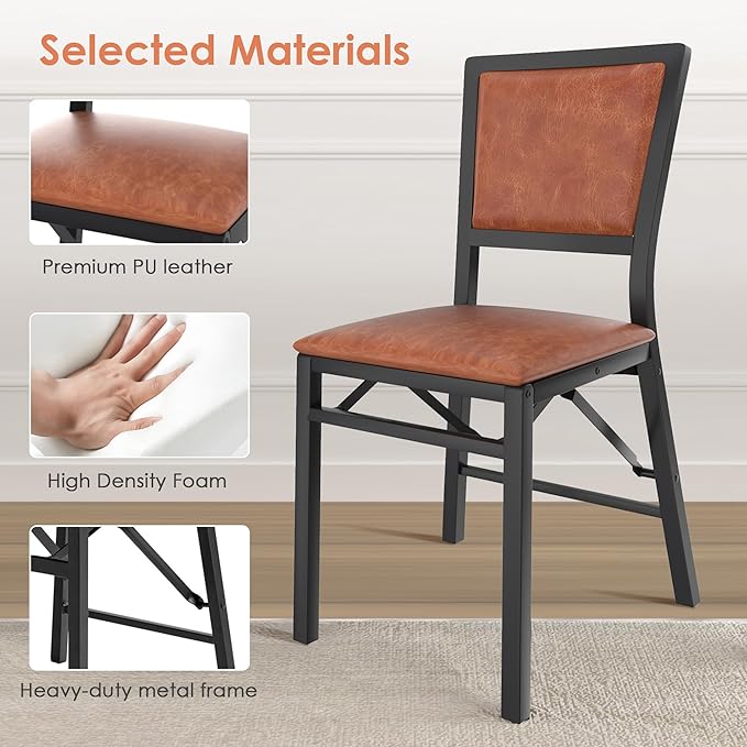 VECELO Folding Chairs Set of 2 with Cushion, Foldable Padded Seats with Heavy Duty Metal Frame for Kitchen/Dining/Living Room, No Assembly & Space Saving Design, Chestnut Brown