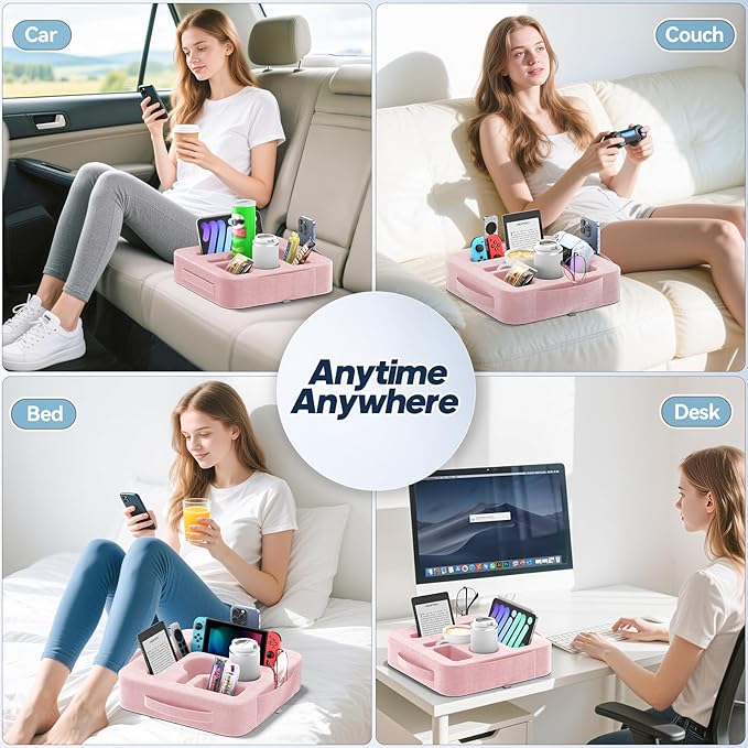 Couch Cup Holder Pillow, Sofa and Bed Caddy for iPad, Kindle, Switch, Game Controller, Remotes, Phones, Small-Sized Cup and Drink Holder for Couch, Bed, Desk, Car, Beach, Bathroom Cup Holder, Pink