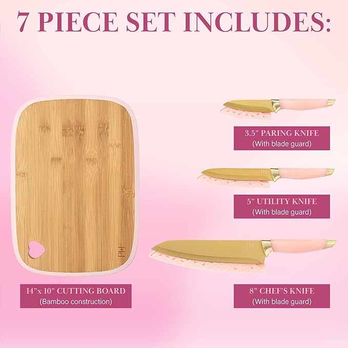 Paris Hilton Bamboo Cutting Board for Kitchen, Reversible Cutting Board and Cutlery Set with High Carbon Stainless Steel Knives and Blade Guards, Comfortable Handle Grips, 7-Piece Set, Gold and Pink