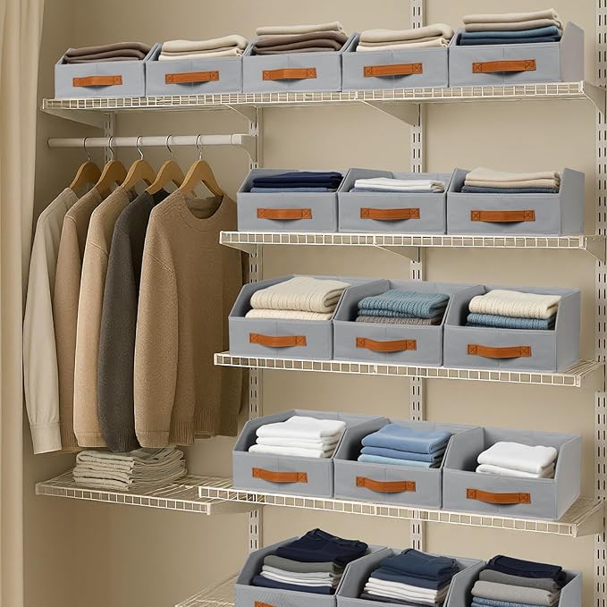 Homsorout Fabric Storage Bins for Organizing - 12 Pack Large Trapezoid Collapsible Storage Bins with Front Handle, Closet Organizers and Storage for Bedroom, Home Shelves, Small Spaces, Grey