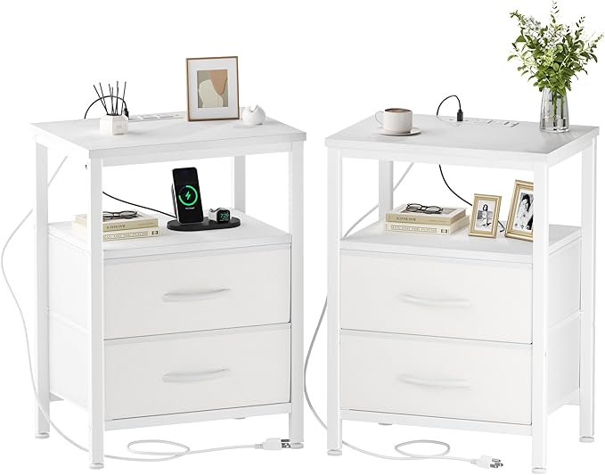 DUMOS Nightstand Set of 2 with Built in Charging Station USB Ports and Outlets Adjustable Fabric Drawer Storage Bedside Table with Open Shelf for Bedroom,White