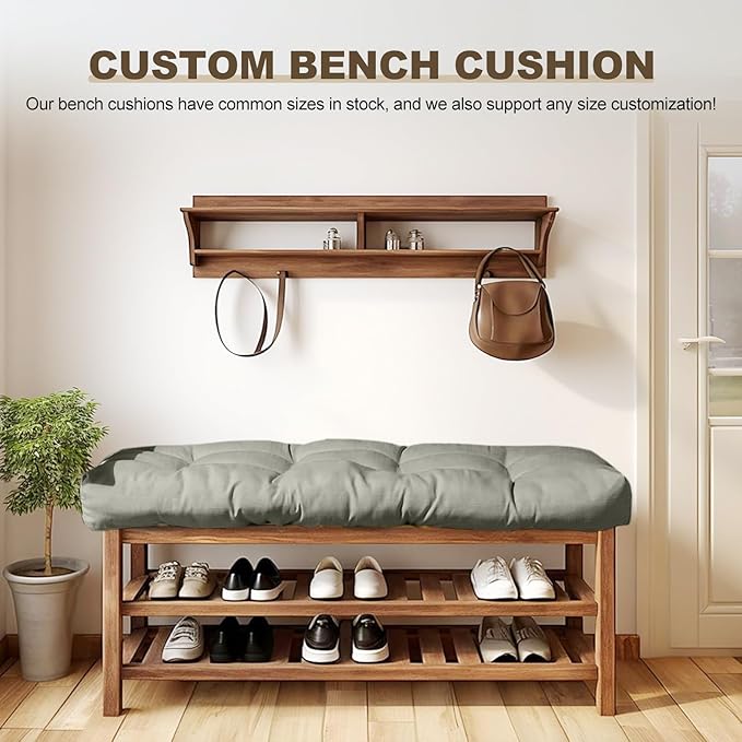 Bench Cushion 45 inches,Indoor/Outdoor Non-Slip Tufted Cushions, Premium Waterproof Linen, Soft Piano Sofa Cushions, Entryway Storage, Bay Window, High-Density Memory Foam(Medium Grey-45x18x4in)