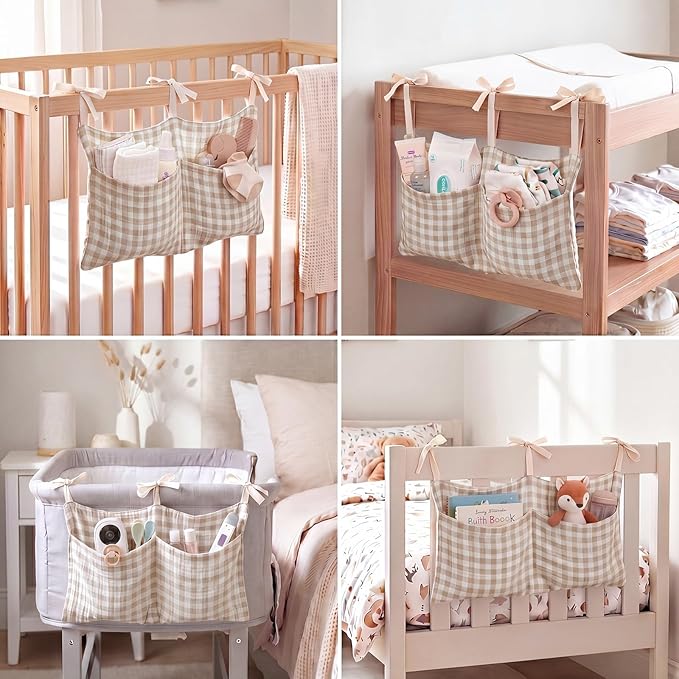 Gingham Crib Organizer Hanging Cotton Baby Bedside Hanging Storage Bag Storage Crib Organizer Baby Nappy(Beige)