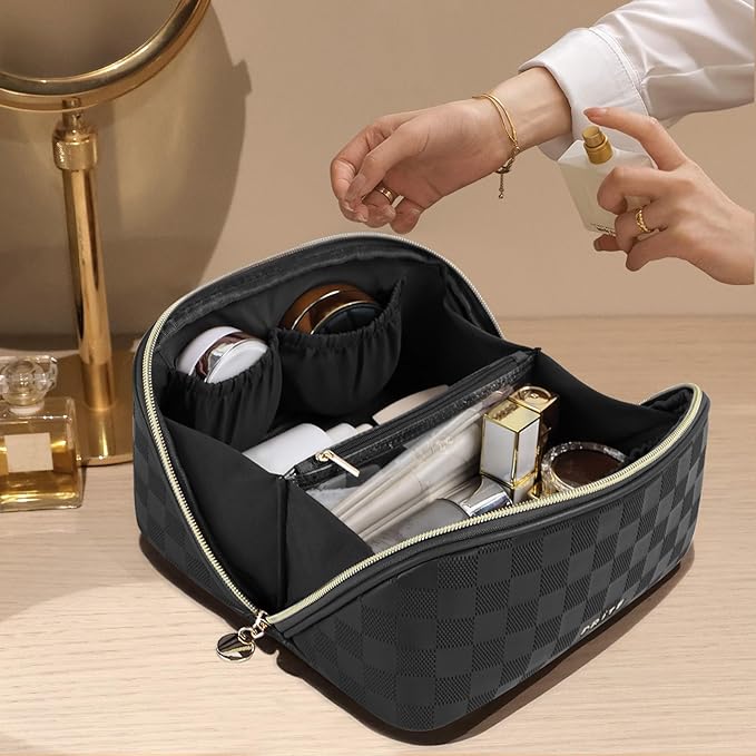 Prite Makeup Bag for Women Travel Waterproof Vegan Leather Cosmetic Bag Open Flat Toiletry Bag With Clear Divider and Handle (Plaid Black, Medium)