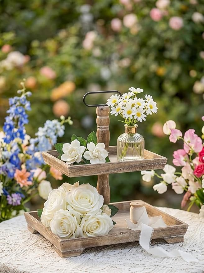 Hanobe Tiered Tray for Table Decor: 4th of July 2 Tier Decorative Tray Stand for Coffee Bar - Large Farmhouse Display Stands for Seasons - Wood for Kitchen Counter Decorations