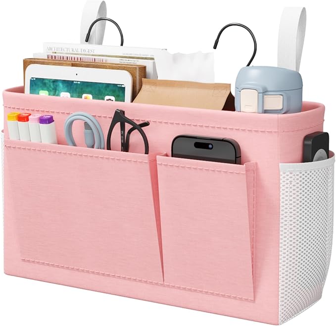 Lifewit Bedside Caddy Storage Organizer, Hanging Storage Bag with Fixed Straps, Book Remotes Holder for Home, College, Dorm, Bunk, Hospital, Crib Bed Rails, Pink