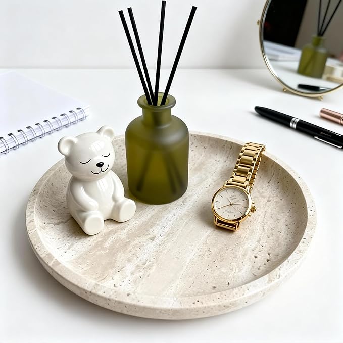 Vanity Tray for Bathroom, Dresser, Counter, Home Decor 10.24” D x 1.18”H Travertine Round Decorative Tray for Candles, Perfumes, Jewelry, Plants Natural Stone Organiser Dish Beige (NS053)