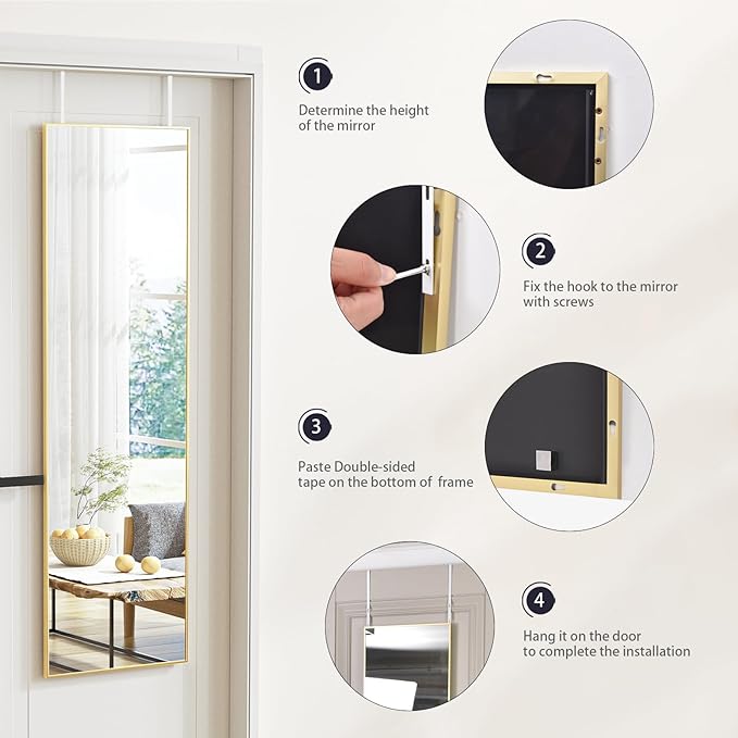 BEAUTYPEAK 14" x 48" Adjustable Height Over The Door Mirror, Rectangular Full Length Hanging Door Mirror with Shatterproof Tempered Glass Aluminum Alloy Frame for Dormitory, Gold