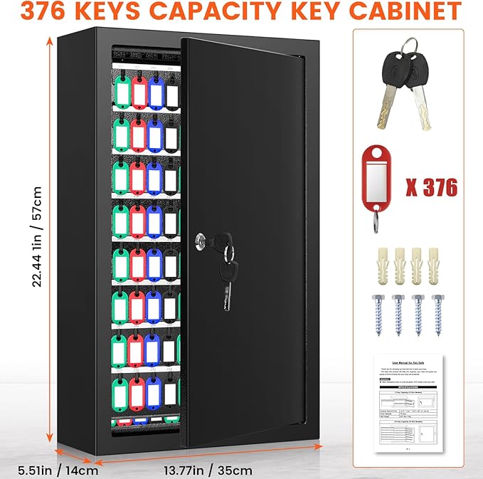 376 Keys Key Lock Box Wall Mount with 376 Numbered Hooks and 376 Colored Key Tags, Anti-Theft Key Cabinet with Key Return Drop Slot, Key Storage Box Key Organizer for Car Garage Home Office