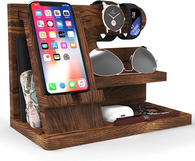 Gifts for Men Wood Phone Docking Station Birthday Gift for Men Valentines Day Gifts Father Gift for Him Boyfriend Nightstand Organizer Desktop Phone Stand