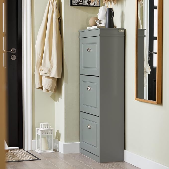 Haotian FSR94-HG, Grey Shoe Storage Cabinet with 3 Flip Drawers, Freestanding Shoe Rack, Shoe Storage Cupboard Organizer(9.4" D x 20.9" W x 46.1" H)