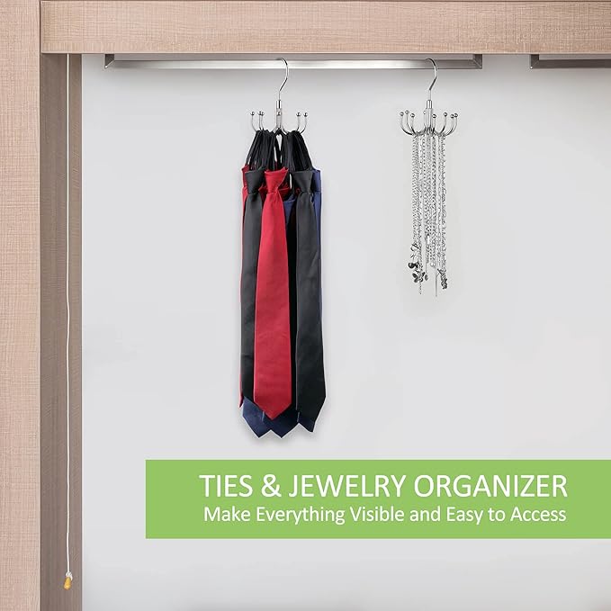 Belt Hanger, Rotatable Belt Organizer Rack for Closet Sturdy Max 24 Belts Storage with 8 Hooks, Hanging Space Saving Closet Organizers for Belts Holder, Silver