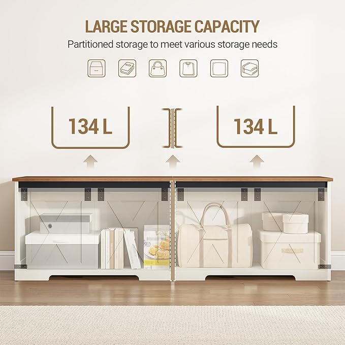 Hzuaneri 59" Storage Chest, Large Storage Trunk with 2 Hinges, Farmhouse Wooden Box Bench, Lift-Top Organizer Chest, Entryway Trunk for Bedroom, Living Room, White and Brown SB15014X