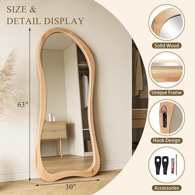 Large Irregular Mirror, 63"x30" Asymmetrical Aesthetic Mirrors with Solid Wood Frame, Organic Shape Floor Mirror for Living Room Entryway Hallway Bedroom Cloakroom, Leaning/Hanging