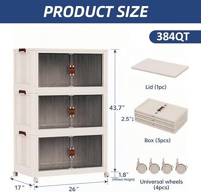 SAILUN 87Gal/348Qt Stackable Storage Bins Folding Collapsible Storage Bins with a Lid, Closet Organizers and Storage,Blush White 26" W x 17" D x 43.7" H