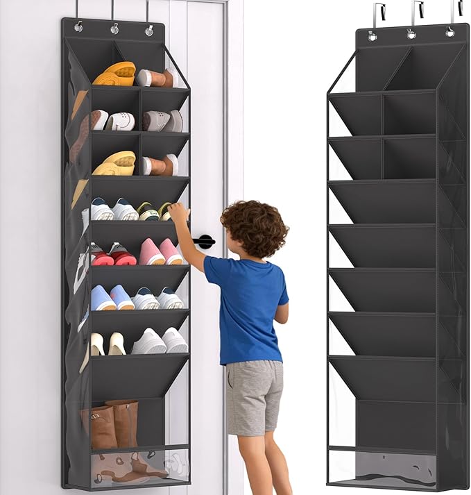 Over the Door Shoe Organizer, Hanging Shoe Rack for Closet with 16-20 Pairs Capacity, Foldable Storage for Shoes, Boots, Sneakers, for Dorm Room, Apartment, Small Spaces（Black