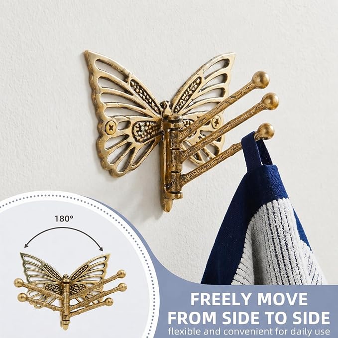 Indian Shelf 33Lb. Brass Butterfly Foldable Coat Hooks Heavy Duty, Swivel Tri Arm Decorative Wall Hooks Gold Key Holder, 3 Prong Vintage Gold Coat Rack Wall Mount, Folding Hat Rack