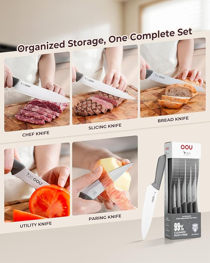 OOU In-Drawer Kitchen Knife Set, Space-Saving Cutlery and Kitchen Organizer, Includes Chef, Bread, Santoku, Utility and Paring Knives, 6-Piece Knives Sets, Gray
