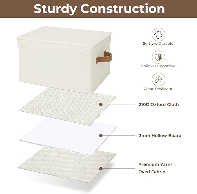 StorageWorks Fabric Storage Bins with Lids, Decorative Storage Bins with PU Handles, Foldable Storage Baskets for Closet, Shelves, Stackable and Sturdy Organization, Ivory, Large, 3-Pack
