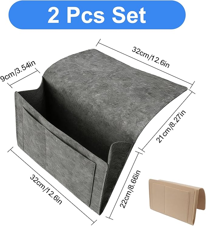 2Pcs Bedside Pocket Storage Holder, Felt Hanging Bed Caddy Organiser Bag, Sofa Bunk Beds Organizer for Mobile Phone, iPad, Remote Control, Books, Glasses, Magazine (Gray and Beige)