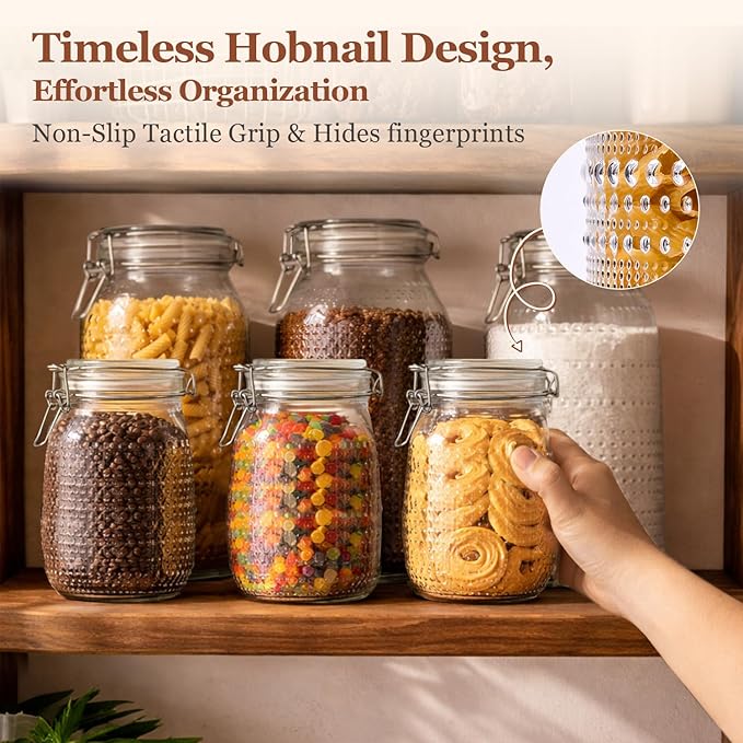 ComSaf 0.5 Gallon (71oz) Vintage Hobnail Glass Storage Jars Set of 3 with Airtight Clamp Lids, Wide Mouth Tall Canister Set for Flour, Sugar, Cereal, Pasta, Pet Food and Pantry Organization