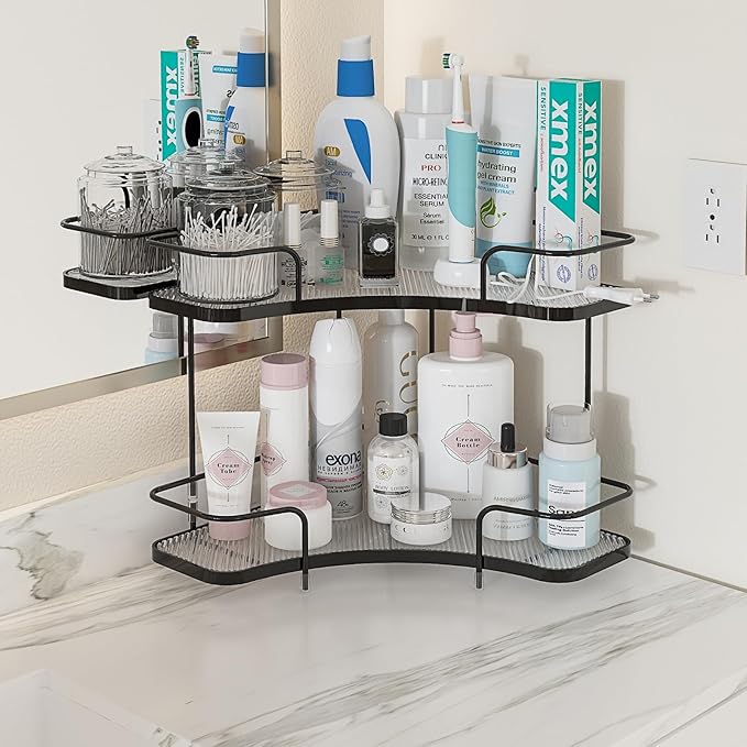 FOLLOWIN 2 Tier Countertop Corner Organizer, Corner Shelf for Vanity Countertop, Bathroom, Kitchen & Coffee Bar, Open Metal Frame with Clear Trays, Tool-Free Assembly, Space-Saving Storage, Black