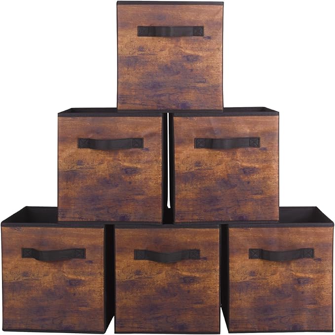 PowerKing Collapsible Storage Cubes with Handles, Fabric Foldable Bins for Closet Shelves, Durable Organization Storage Bins, 10.5'' x 11'' x 10.5'' (6Pack, Vintage Wood Grain)