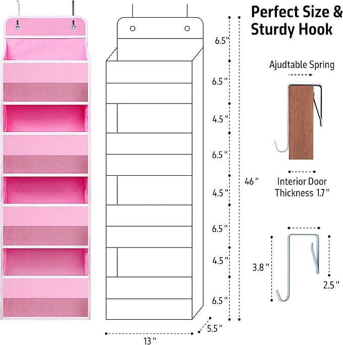 TYMENSH Pink Over Door Organizer with 4 Large Clear Pockets, Hanging Door Storage for Nursery, Bedroom, Bathroom, Closet, Toys, Diapers, Cosmetics, Baby Essentials