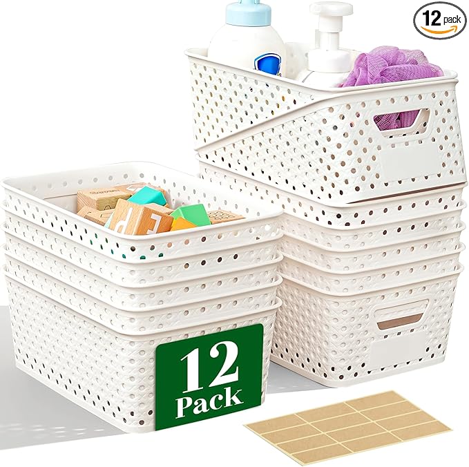 12 Pack Plastic Storage Baskets for Organizing, Storage Baskets for Shelves with Handles, Small Storage Bins with Labels, Organizer Baskets for Cabinet,Closet, Office