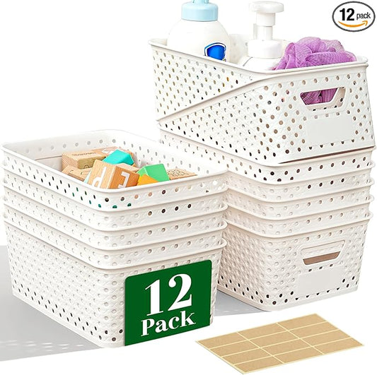 12 Pack Plastic Storage Baskets for Organizing, Storage Baskets for Shelves with Handles, Small Storage Bins with Labels, Organizer Baskets for Cabinet,Closet, Office