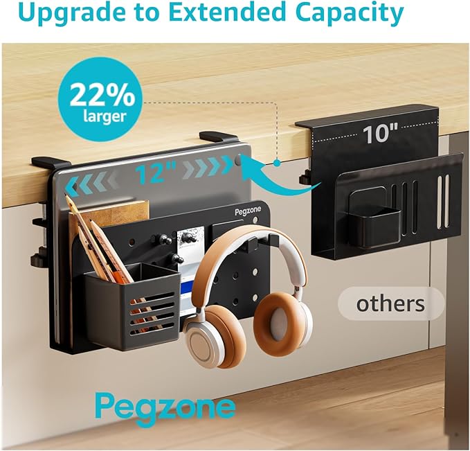 PEGZONE Desk Side Storage Organizer, No Drill Under Desk Laptop Holder, Clamp on Desks Shelf with Pegboard Accessories, Hanging Laptop Mount, Fits Flat Edge 0.4" to 2.2", Black