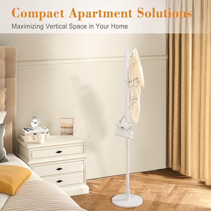VECELO Coat Rack Freestanding, Entryway Hanger Stand, Umbrella Holder, Hall Tree With Hooks, Floor Standing Metal Tree Stand,White