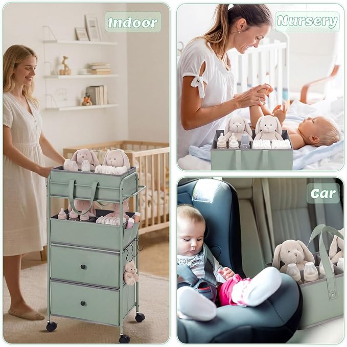 FoldTier 3In1 Baby Diaper Caddy Organizer Cart 4 Tier Large Capacity Metal Utility Bedside Rolling Cart with Divider Newborn Registry Nursery Essential Must Have Bedroom Gift Baby Shower (Green)
