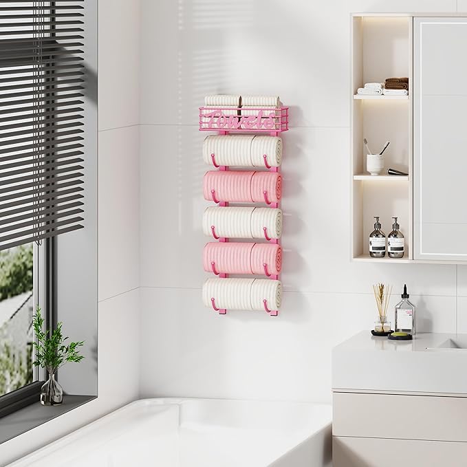 SWTYMIKI Hanging Towel Racks for Bathroom - 9 Tier Over the Door & Wall Mounted Bath Rolled Towel Storage for Women Girl, Door Towel Organizer Holder for Small Bathroom, RV, Camper