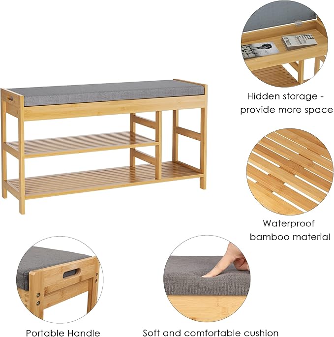 HIFIT 2-Tier Entryway Shoe Rack Bench with Storage, 36 in Bamboo Storage Bench with Padded Seat, Shoe Oiganizer Shelf for Entryway Mudroom Bathroom Hallway, Natural