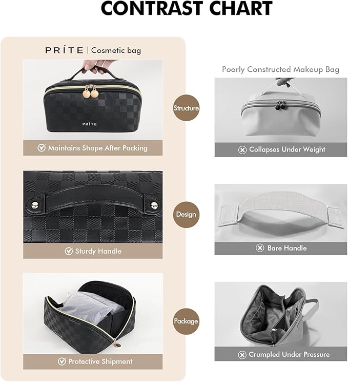 Prite Makeup Bag for Women Travel Waterproof Vegan Leather Cosmetic Bag Open Flat Toiletry Bag With Clear Divider and Handle (Plaid Black, Medium)