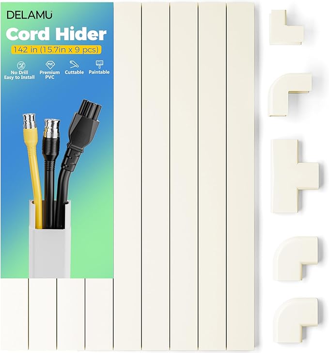 Delamu 142in Cord Hider, Beige Cable Cover for 2-3 Wires on Wall, Premium Wire Hiders Wire Covers for Cords on Wall, Easier Setup TV Cable Management Kit, W0.94 H0.47in, Beige