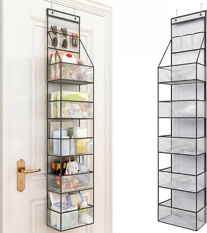 Fixwal 6-Shelf Over The Door Hanging Pantry Organizer Hanging Storage with Clear Plastic Pockets Behind The Door Storage Organizer with 3 Small PVC Pockets for Closet Bedroom Bathroom (Grey)