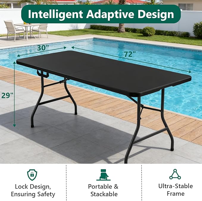 Folding Table 6FT Heavy Duty Plastic Table with Handle, Foldable&Portable, Fold-in-Half Utility Tables for Outdoor, Dining, Wedding, Events, Indoor, Picnic, Camping, Party, Black