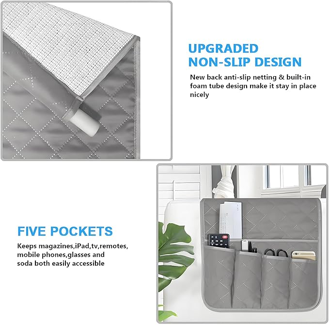 Sofa Armrest Organizer Non-Slip Arm Chair Bedside Caddy Storage Organizer for Recliner Couch with 5 Pockets for Cell Phone TV Remote Control Magazines (Grey)