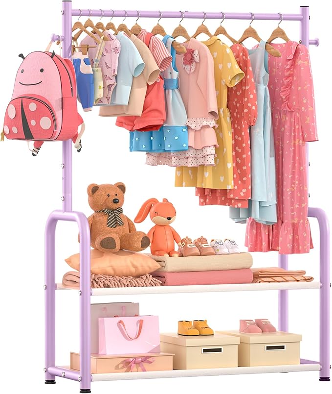 Kids Clothes Rack with 2 Tier Storage Racks and 2 Adjustable Hanging Poles, Small Baby Closet Organizer for Hanging Clothes, Kids Dress-Up Rack (Classic, Purple)