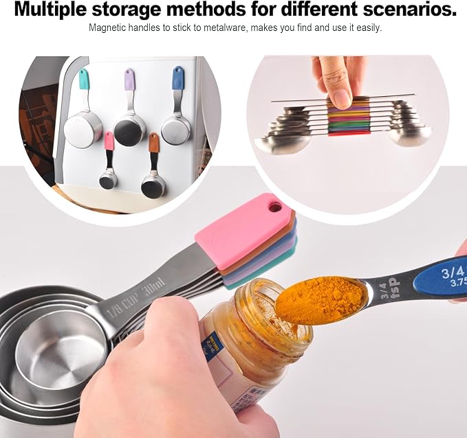 13-Piece All-Magnetic Measuring Cups and Spoons Set, 430 Stainless Steel Metal Measuring Cup and Spoon Set with Silicone Handles & Leveler for Baking Cooking (Multi-color)