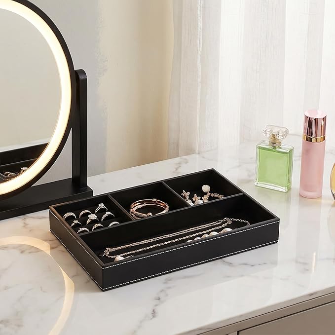 2 Pieces Leather Valet Tray Nightstand Drawer Organizer Stackable Jewelry Organizer For Drawer Key Wallet Sunglass Watch Coin Phone Bedside Dresser Top Tray Black