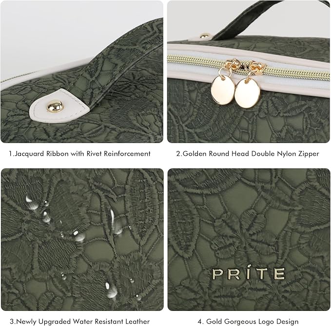 Prite Makeup Bag for Women Travel Waterproof Vegan Leather Cosmetic Bag Open Flat Toiletry Bag With Clear Divider and Handle (Green Flower, Medium)