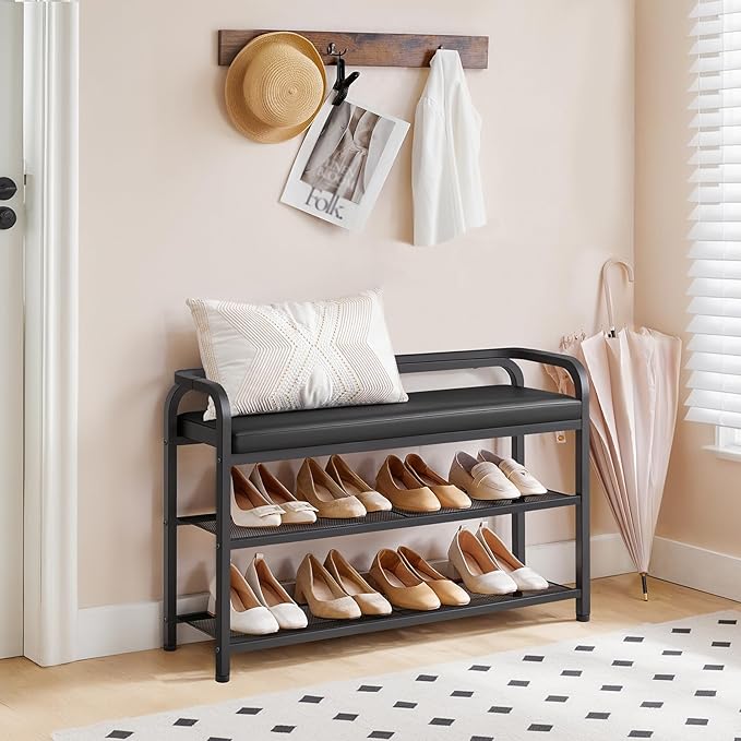 YATINEY Shoe Bench with Backrest, Entryway Bench, 2-Tier Shoe Rack with PU Padded Seat, Upholstered Shoe Storage Bench with Back, for Hallway, Entryway, Foyer, Bedroom, Black HX14BB