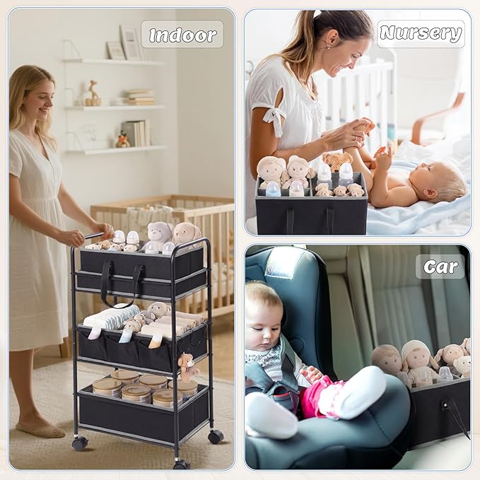 Honeydak 2in1 Baby Diaper Caddy Organizer Cart 3 Tier Large Capacity Metal Utility Bedside Rolling Cart with Divider Newborn Registry Nursery Essential Must Have Crib Bedroom Baby Shower(Black)