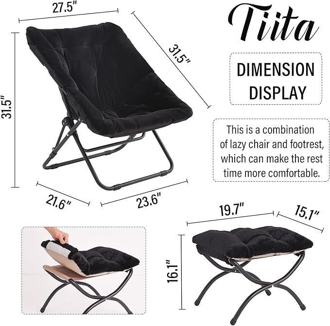 Tiita Folded Chair with Ottoman, Soft Faux Fur Oversized Folding Accent Chair,Lazy Chair, Metal Frame Moon Chair for Bedroom, Living Room, Dorm Rooms, Garden and Courtyard