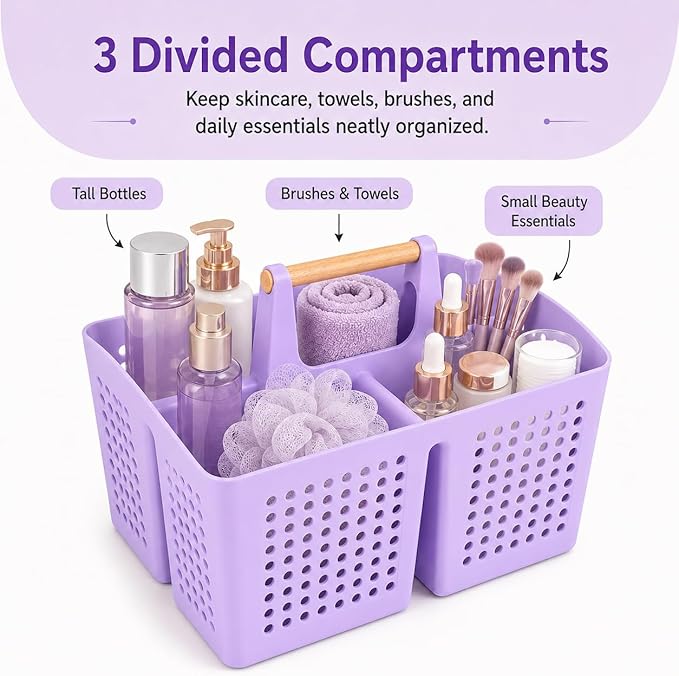 Portable Shower Caddy Basket with Wood Handle, 3-Compartment Bathroom Organizer Tote with Drain Holes, Plastic Shower Basket for Dorm, Toiletries, Cleaning Supplies, Purple