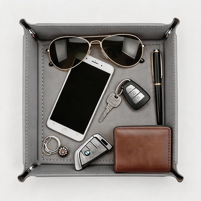 Valet Tray Desktop Storage Organizer - Vegan Leather Catchall Tray Bedside Vanity Tray Nightstand Caddy Holder for Remote Controller, Watch, Keys, Phone, Wallet, Coin, Jewelry - Gray